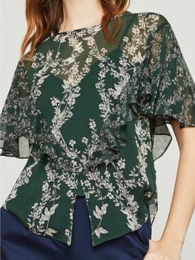 BCBG Maxazria Green Floral Ruffle Blouse